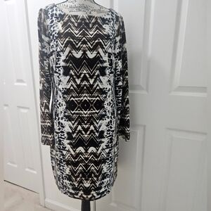 Vince Camuto Black and White Sheath Dress with Long Sleeves